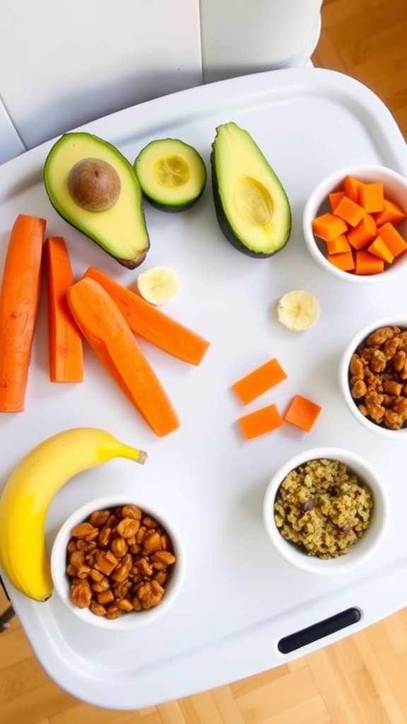 A high chair tray filled with vegan baby food options including avocado, sweet potato sticks, and banana pieces.